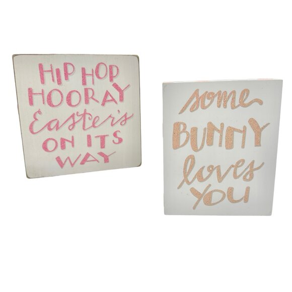 Easter Wooden Box Signs Pair Primitives By Kathy White Pink Glitter New - Picture 1 of 10